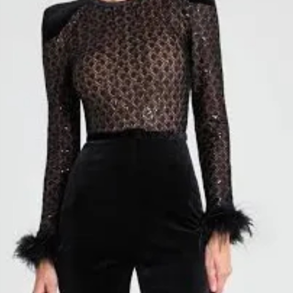 NADINE MERABI Black Sequin Long Sleeve Bodysuit